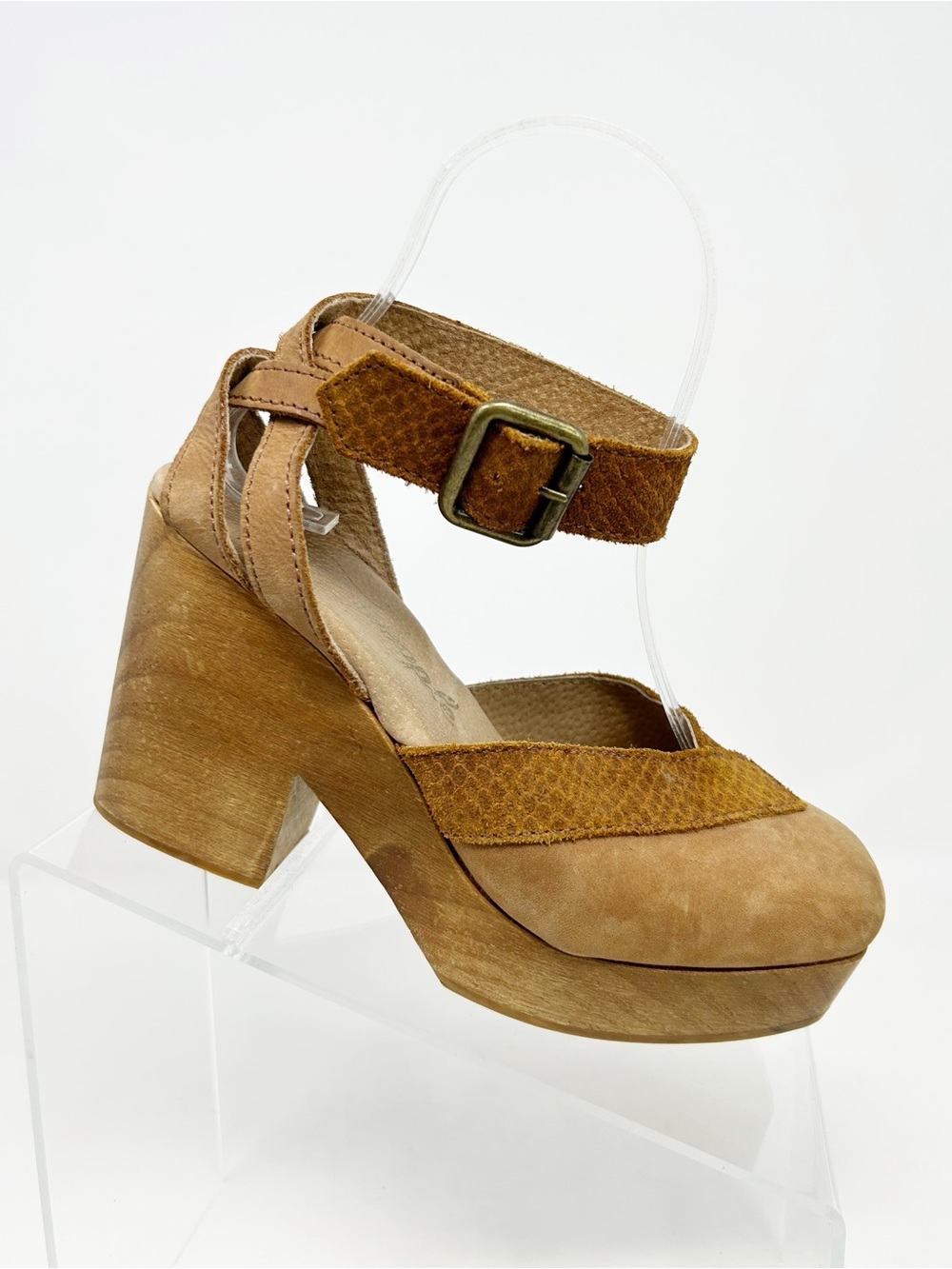 Free People Womens Platform Clog Heels Brown Ankle Strap Buckle Boho Size 36